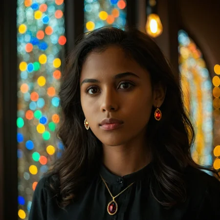 cinematic film still of <lora:detailed_notrigger:0.1>
<lora:facial expression style v2:0.1>
<lora:perfection style:0.1> perfection style
<lora:TeethXL:0.1>
<lora:detailed:0.1> detailed
<lora:skin texture style:0.2>
<lora:anamorphic bokeh style:1>
Anamorphic bokeh style of a woman with a black shirt and a colorful background, detailed style, sharp style, perfection style, cinematic style, film style, kodak style, fujifilm style, 35mm film style, oval bokeh style, anamorphic blur background style, special effect bokeh style, anamorphic lens distortion style, anamorphic film style, anamorphic bokeh style, 1girl, solo, long hair, black hair, 1boy, closed mouth, male focus, portrait, realistic, dark, light bulb, brown hair, brown eyes, jewelry, earrings, dark skin, dark-skinned female, lips, very dark skin, stained glass, black eyes, shallow depth of field, vignette, highly detailed, high budget, bokeh, cinemascope, moody, epic, gorgeous, film grain, grainy