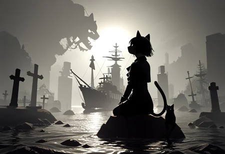 (masterpiece), (score_9, score_8_up, score_7_up,source_anime), 4K8K,
cat, focus. punk,
(scope view, far view), (silhouette cat, black and white cat, tuxedo cat, solo), (solo:1.3), (sitting), scenery,
(leather culottes), (backlighting, silhouette:1.3),
outdoors, (Viking Ship, graveyard, A battered ship that ran aground),
<lora:harada_miyuki_style:1>
<lora:backlighting-000001:1>