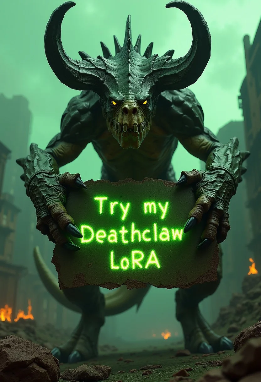 An epic, photorealistic scene of a towering Deathclaw in a desolate, apocalyptic Fallout wasteland. The creature's menacing gaze locks directly onto the viewer, its glowing eyes piercing through the toxic green haze. Two massive, curved horns frame its fearsome head, adding to its imposing presence. In its powerful claws, it holds a weathered metal sign etched with the words 'Try my Deathclaw LoRA' in a glowing, radioactive green font that pulses faintly. The background features crumbling buildings, jagged rocks, and a glowing nuclear sky, with scattered embers and smoke swirling around, amplifying the dramatic, post-apocalyptic atmosphere