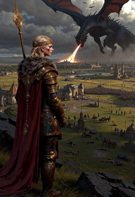 A full body shot of a beautiful blonde female Viking with long braided hair and blue eyes, she's wearing sexy leather armor, a winged tiara, and a tattered fur cloak, holding a large spear with flag on it, she's standing outside on a grassy hill, lots blood running down her face and armor, ((damaged armor:1.5)), in the background is a solemn battlefield, fallen soldiers and horse lay slain across the ground, different broken flags burning, she's facing off against large dragon on its hind legs with its wing spread spitting fire onto the field, trebuchets and ballista's firing boulders at the dragon, (maximum ultra high definition image quality and rendering:3), maximum image detail, maximum realistic render, (((ultra realist style))), realist side lighting, 8K high definition, realist soft lighting, (amazing special effect:3.5), mythp0rt, (wincing face), clenched teeth, dramatic angle, back view