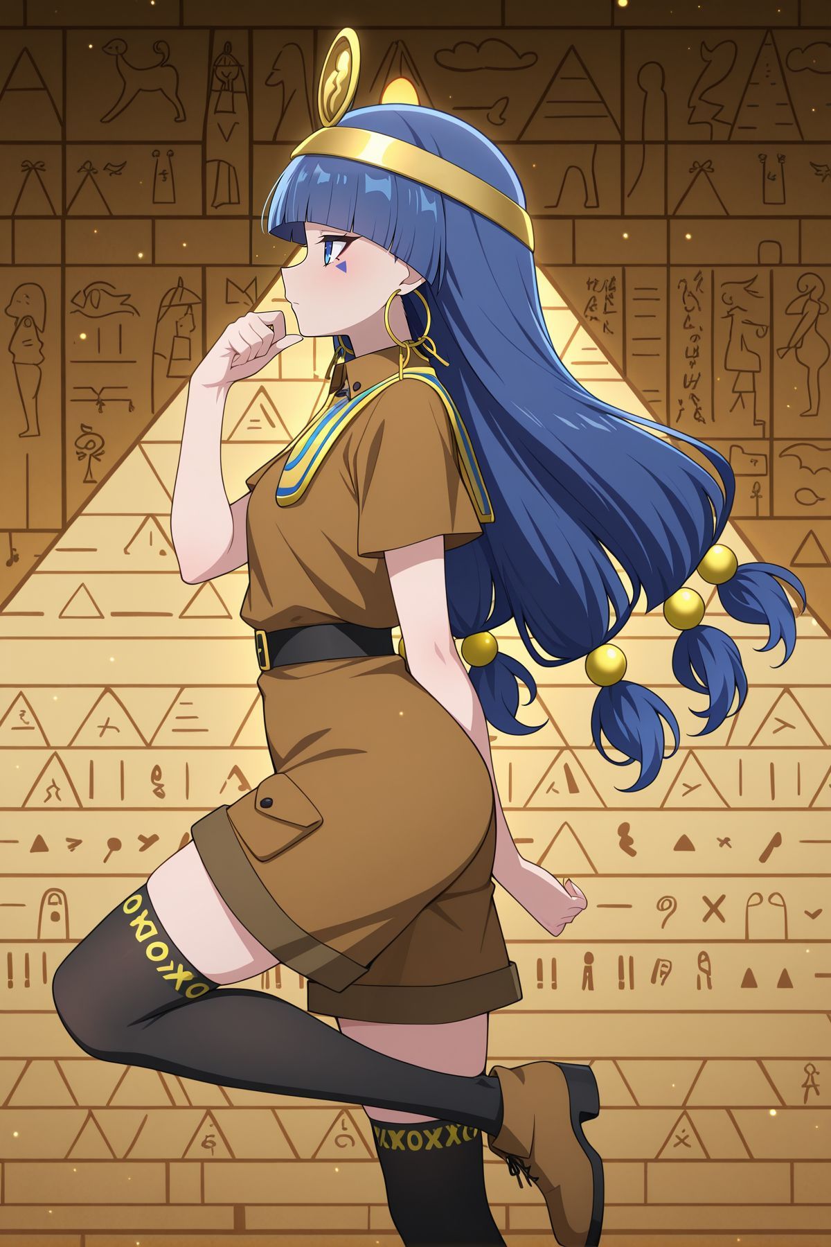 absurdres, highres, masterpiece, best quality, amazing quality, official anime artwork, screencap, anime screencap, 
 <lora:Nareko-Michigami_Illustrious:1> michigami nareko, 1girl, solo, blue eyes, blue hair, low-tied long hair, blunt bangs, triangle facial mark,, gold headdress, hair ornament, hoop earrings, usekh collar, gold jewelry, brown shirt, gold armlet, brown shorts, black thighhighs, 
profile, pyramid background, looking to the side, egyptian pose, light particles, pharaoh, hieroglyphics, hand up, bent elbow, palm down, hand behind back, standing on one leg, sideways arm,