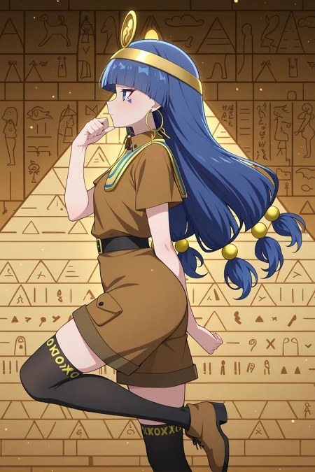 absurdres, highres, masterpiece, best quality, amazing quality, official anime artwork, screencap, anime screencap, 
 <lora:Nareko-Michigami_Illustrious:1> michigami nareko, 1girl, solo, blue eyes, blue hair, low-tied long hair, blunt bangs, triangle facial mark,, gold headdress, hair ornament, hoop earrings, usekh collar, gold jewelry, brown shirt, gold armlet, brown shorts, black thighhighs, 
profile, pyramid background, looking to the side, egyptian pose, light particles, pharaoh, hieroglyphics, hand up, bent elbow, palm down, hand behind back, standing on one leg, sideways arm,