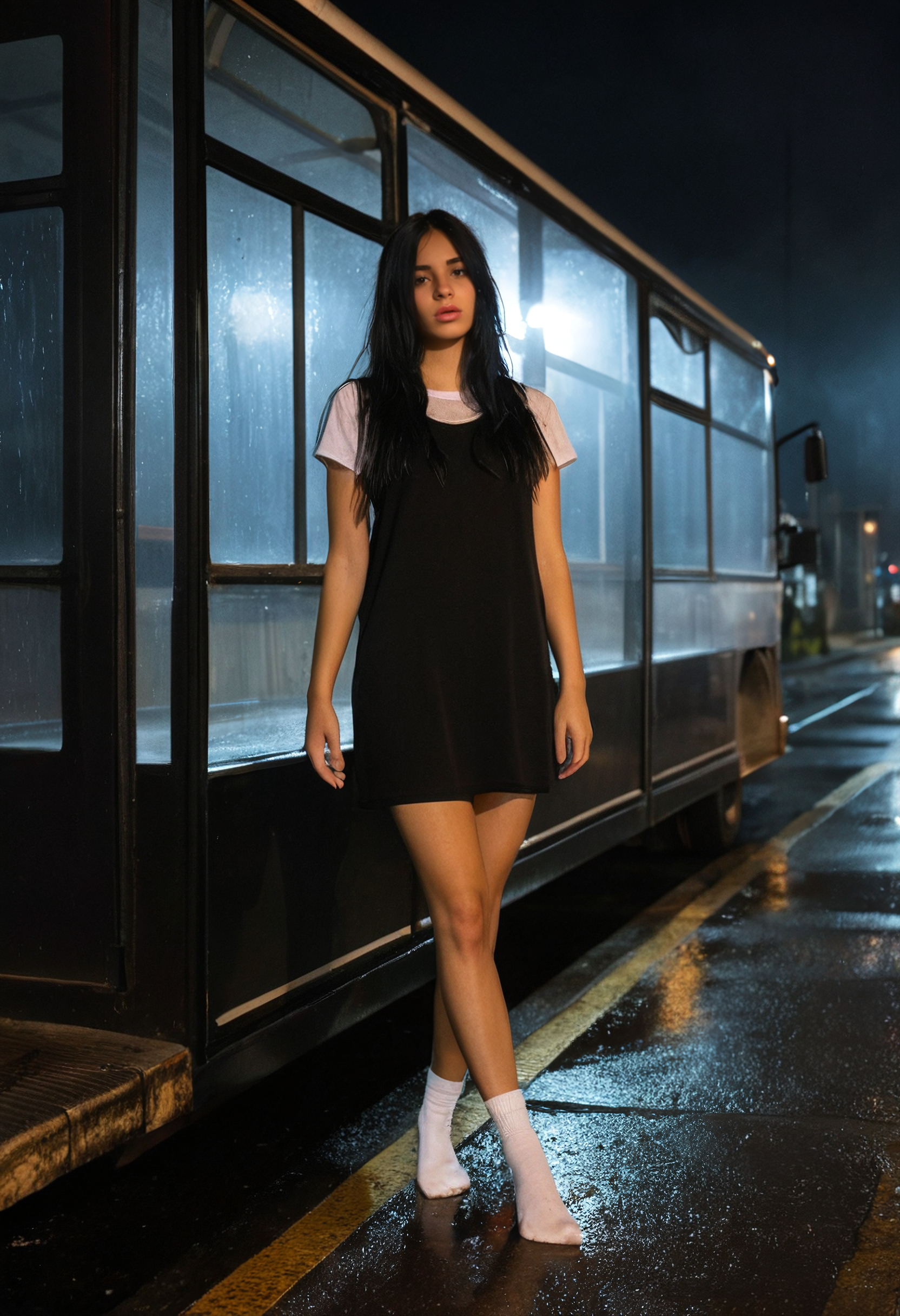 1girl, long black hair, brown eyes, parted lips, realistic, jewelry, wearing black slip dress over white t-shirt, white socks, black mary janes, standing at a foggy bus stop alone at night, hair slightly damp, moody neon reflection in puddles, Canon 50mm