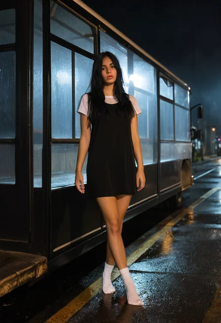1girl, long black hair, brown eyes, parted lips, realistic, jewelry, wearing black slip dress over white t-shirt, white socks, black mary janes, standing at a foggy bus stop alone at night, hair slightly damp, moody neon reflection in puddles, Canon 50mm