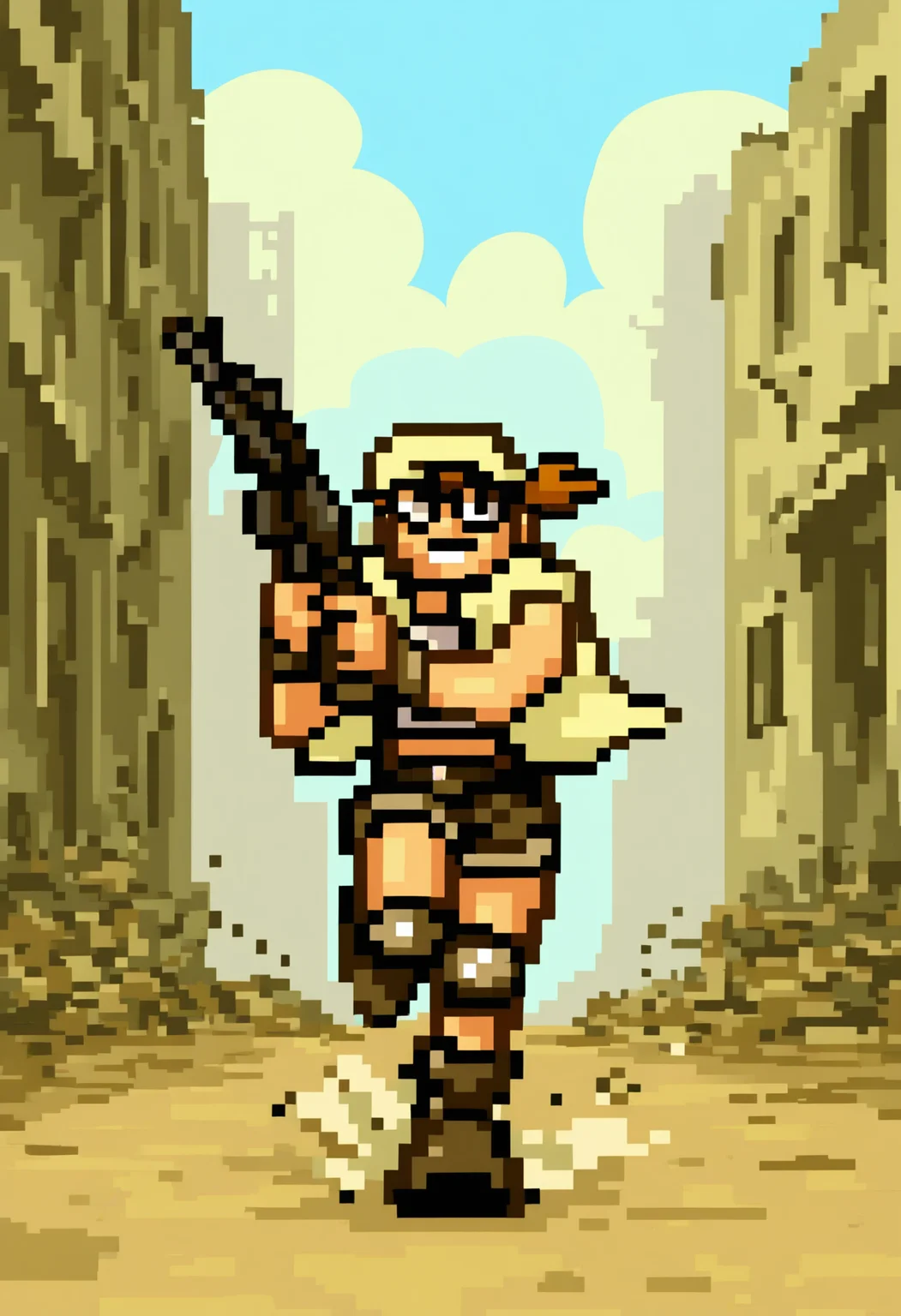 <lora:Fio_dot_IL:1>
Fio_3dot, 1girl, solo, black eyes, ponytail, brown hair, (glasses:1.5),
yellow Baseball cap, yellow vest, crop top, belt, short shorts, wristband, knee pads, brown shorts, open vest, boots, holding shotgun, 
(running:1.2), 
BREAK outdoors, destroyed city, abandoned,