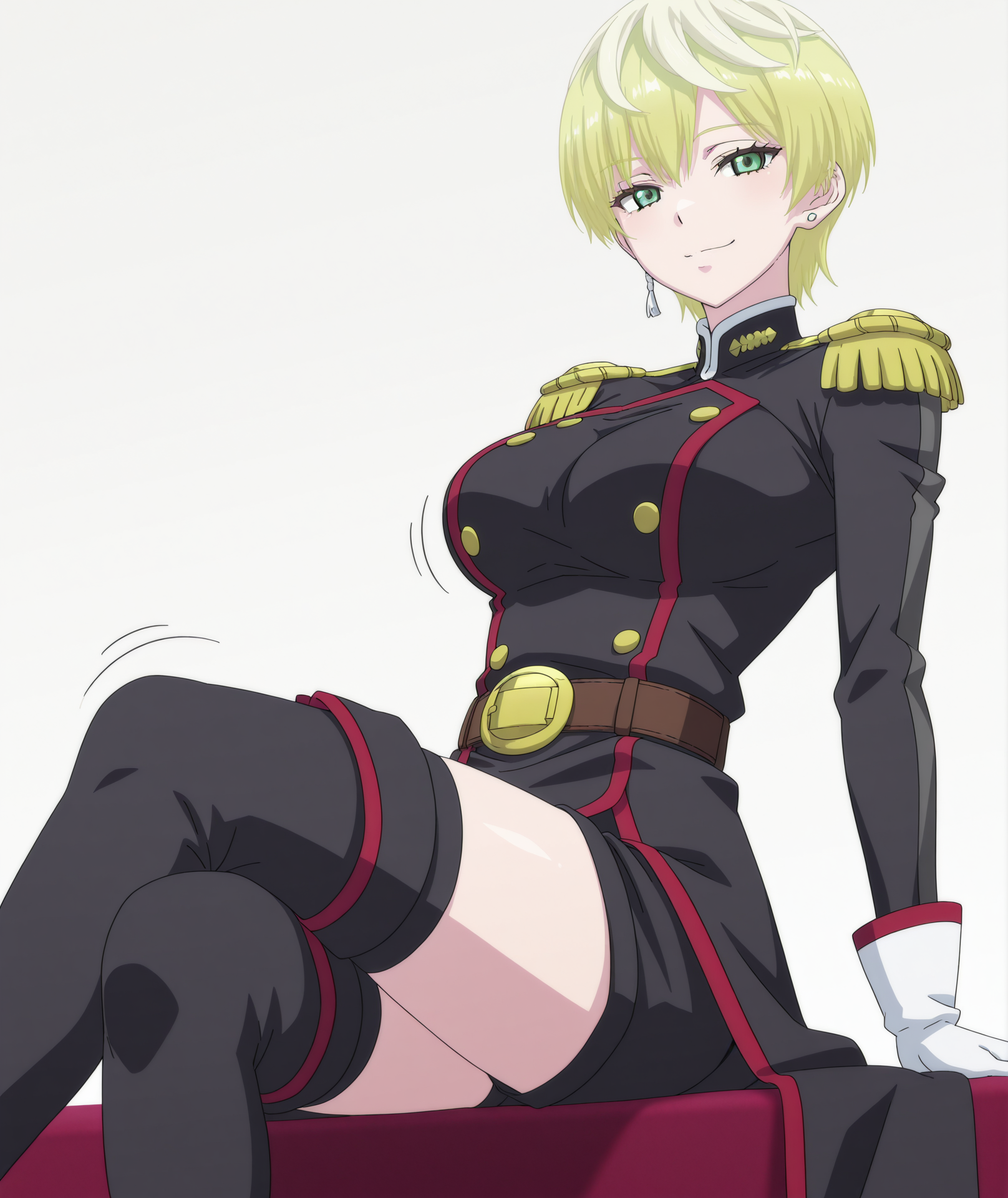 official art, absurdres, highres, hi res, best quality, masterpiece, 2d, intricate details, 4k, anime coloring,
1girl, solo, female, eyelashes, nose, short hair, blonde hair, jewelry, green eyes, earrings,
thighhighs, gloves, shorts, belt, white gloves, uniform, military, military uniform, epaulettes, black jacket, jacket,
boots, thigh boots, black thighhighs, black footwear,
cowboy shot, looking at viewer, sitting, crossed legs, arm support, jiggle, contrapposto,
depth of field, white background, gradient background, <lora:Tenka_Izumo_ILXL:1>, izumo tenka, mato seihei no slave,