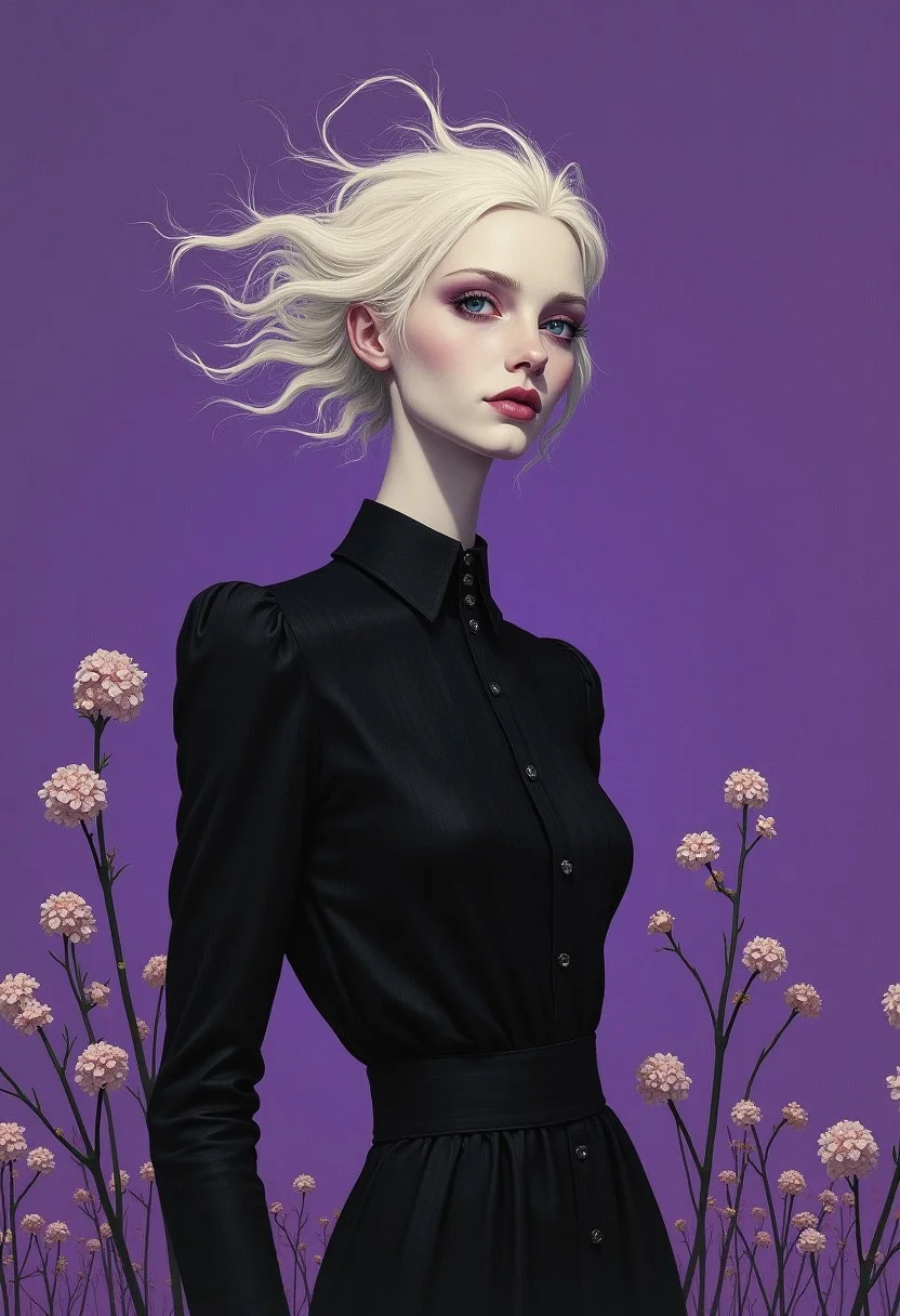 She was beautiful, gaunt and elegant. Her face was long and pale, her eyes were pale, small and close beside her long nose; she had prominent front teeth; her hair was an unruly shock of white tufts. She habitually wore a tight and threadbare suit of black twill with black stockings and black shoes, in unkind contrast to her pale skin and white hair. Her arms and legs were lank. She projected authority, a fierce character, unfilled love promises and a deep love of the past.