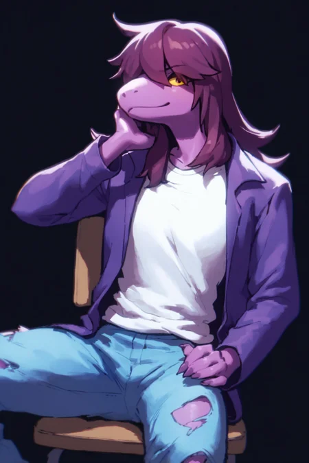 intricate details, score_9, score_8_up, score_7_up, score_6_up, score_5_up, source_anime,  <lora:Susie_-_Deltarune:1> susie_dr, anthro, scalie, simple background, hair over eyes, purple hair, tail, dark background, white shirt, jacket, jeans, sitting, chair, hair over one eye, yellow sclera, looking at viewer, big breasts