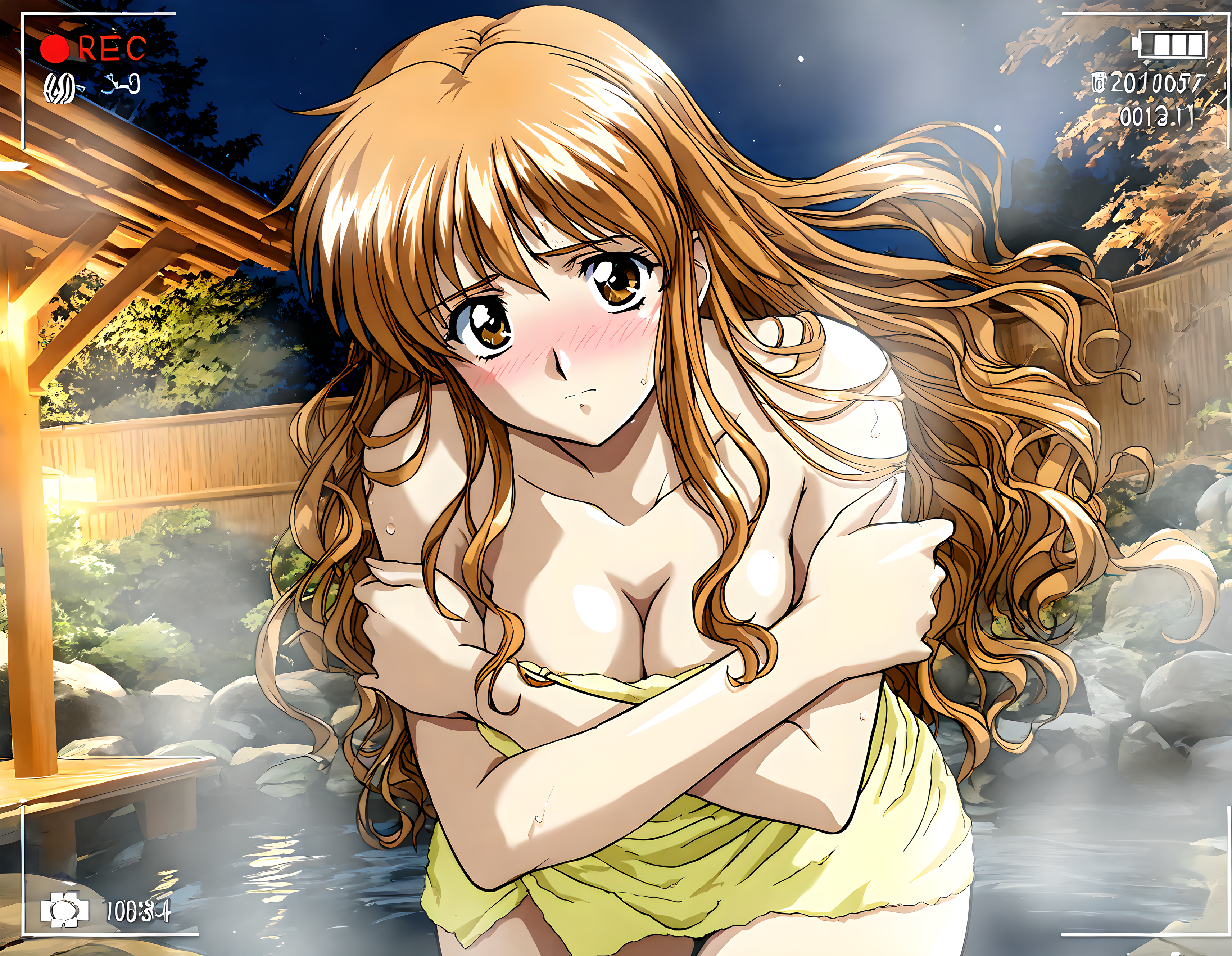 <lora:illustrious_XL_tokiko:0.9>,tokiko,masterpiece,best quality,good quality,1girl,solo,viewfinder,real world location,wavy hair,night,onsen,water,tree,cleavage,naked towel,crossed arms,covering,cowboy_shot,light_blush,