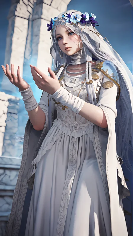 amazing quality,absurdres,best quality,masterpiece,highres,newest,detailed,detailed body,detailed face,masterpiece,best quality,solo,
nightreign-revenant,1girl,veil,solo,dress,long hair,white dress,flower,blue eyes,hair ornament,3d,realistic,<lora:elden ring nightreign 復è®è
:0.8>,
