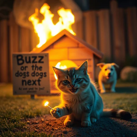 A cute cat is sitting in the foreground, holding a lit match. Behind him is a doghouse on fire. The cat has an evil grin on his face. A sign says "Buzz or the dogs next", the sign is in focus. A cute yellow dog is running around the backyard in panic. The scene is framed with a soft, nostalgic film grain, color-graded to enhance the warm, amber hues of the firelight, creating a charming yet eerie atmosphere. Directed in the style of Tim Burton, the lighting setup includes a warm, orange-hued key light from the fire, casting soft, diffused shadows, and a cool, blue rim light from the back to add depth and contrast. The composition uses the rule of thirds.