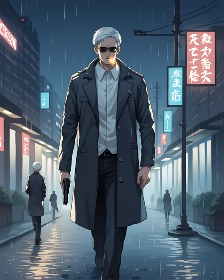 score_9, score_8_up, score_7_up, source_cartoon BREAK 1boy, solo, crew cut, sunglasses opaque glasses, white hair, street, night, smoking, 1920s, from front, walking, gun, overcoat, inquisitor, middle aged male, city, <lora:Opaque_glasses_r1:1>, neon lights, rain, dirt, smoke, badass, exorcist, rating_questionable