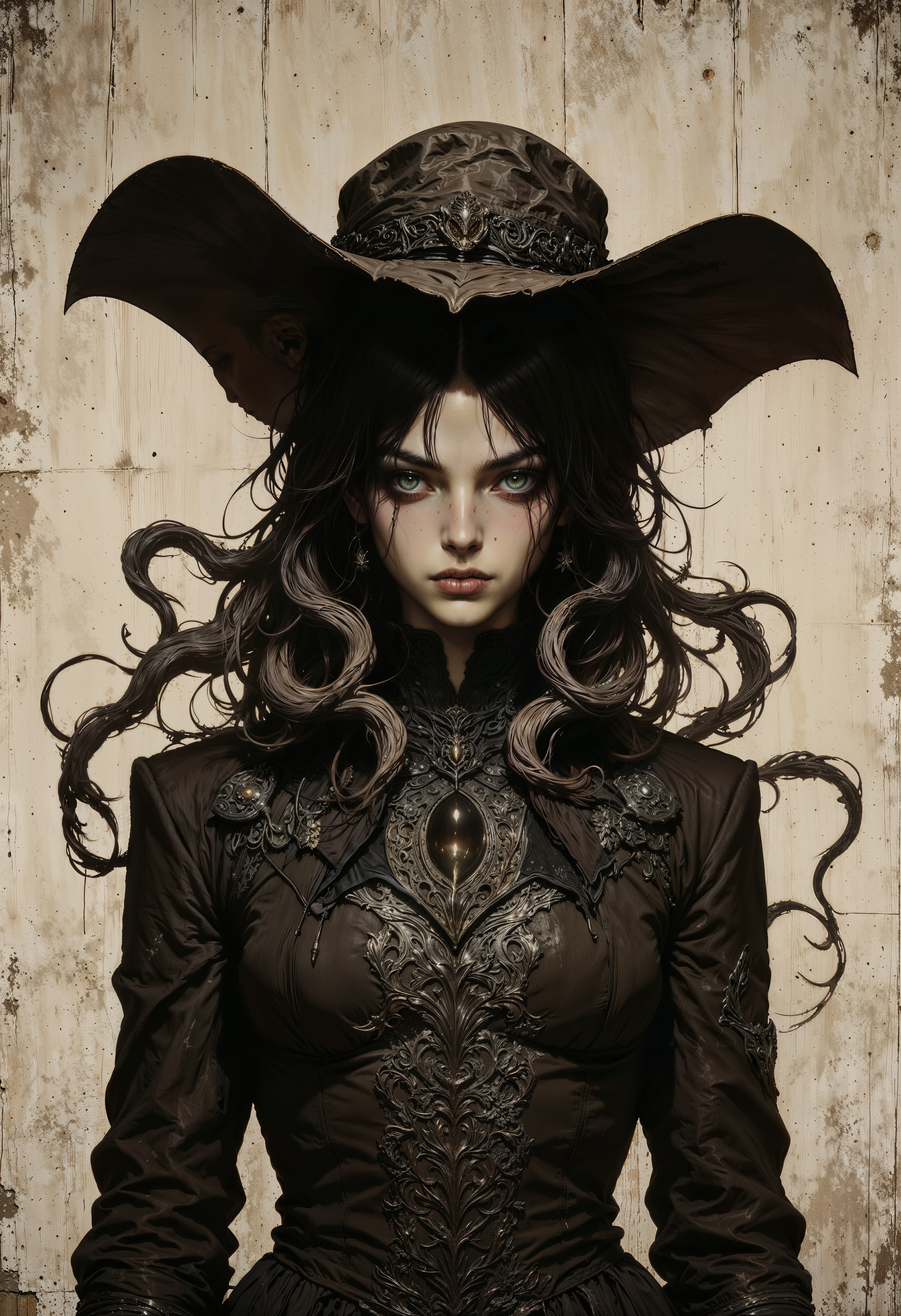 a sepia-toned, gothic-style portrait featuring a mysterious figure. The subject is a person with pale skin, wearing a dark, intricately detailed coat with a high collar. Their face is partially obscured by shadow, with striking, glowing eyes that stand out against the monochrome palette. The person wears a large, worn-out hat with a wide brim, adding to the enigmatic appearance. Long, dark hair cascades down, intertwined with tentacle-like appendages that emerge from beneath the hat, creating a surreal and eerie effect. The background is textured, enhancing the vintage and haunting atmosphere of the image.