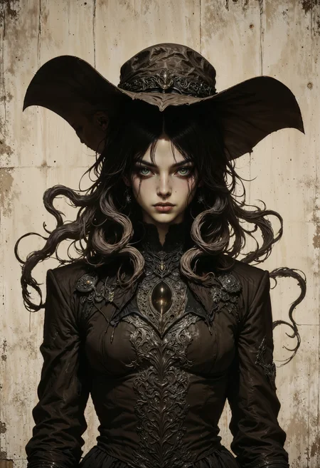 a sepia-toned, gothic-style portrait featuring a mysterious figure. The subject is a person with pale skin, wearing a dark, intricately detailed coat with a high collar. Their face is partially obscured by shadow, with striking, glowing eyes that stand out against the monochrome palette. The person wears a large, worn-out hat with a wide brim, adding to the enigmatic appearance. Long, dark hair cascades down, intertwined with tentacle-like appendages that emerge from beneath the hat, creating a surreal and eerie effect. The background is textured, enhancing the vintage and haunting atmosphere of the image.