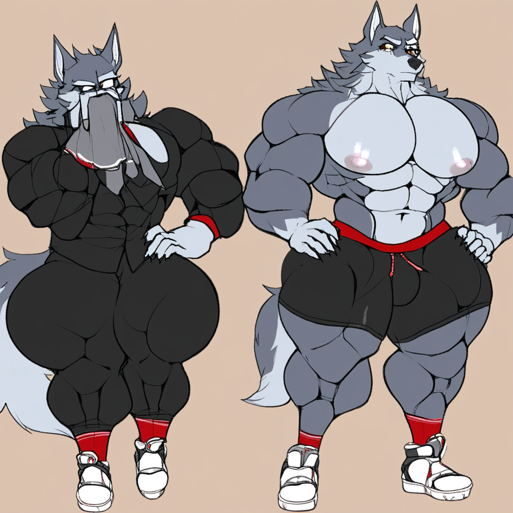 source_furry, anthro, nipples, (clothing:1.2), (wolf:1.2), 2males, attractive, thick thighs, big butt, muscular male, anthro, wide hips, muscles, bodybuilder, big butt, big pecs, full body, hands on hips,
