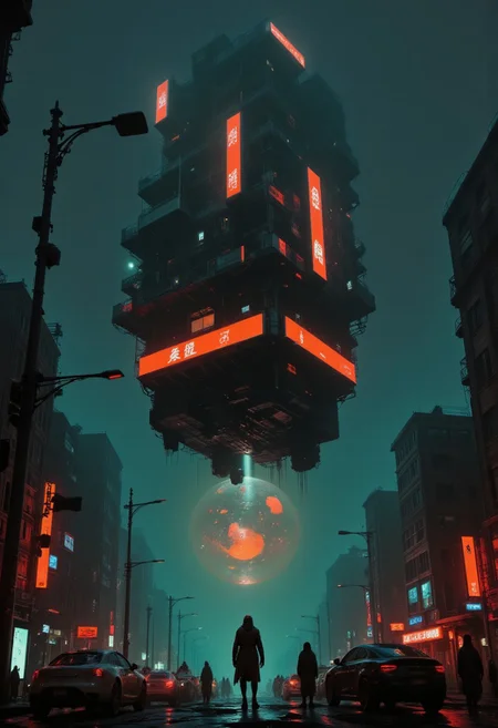 Floating Chaos, buildings, cars, people, nothing obeys gravity anymore. They hover, weightless, like forgotten memories. gantz-advancedsuit, osaka \(city\), doutonbori, midnight, neon sign, gantz advanced suit, orange sphere in background, highly detailed, high budget, cinemascope, moody, epic, gorgeous, film grain, grainy, Jagged rips in space-time, pulsating with the sickly glow of neon orange, electric blue, or radioactive green, synthetic mist, hiding secrets, silhouettes, and the occasional ghost of the old world.