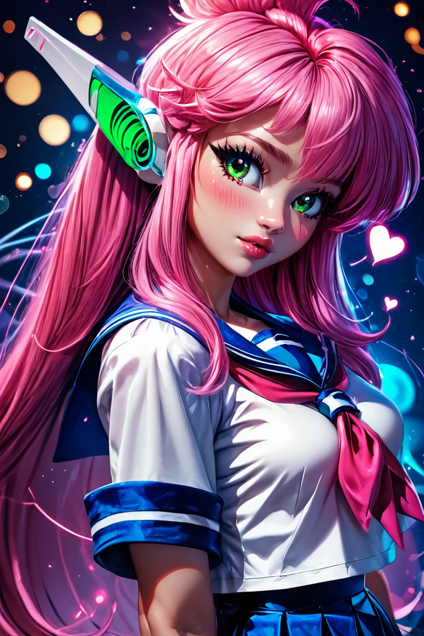 score_9, score_8_up, score_8, medium breasts, (curvy), cute, eyelashes, BREAK, , zzNukuNuku, green eyes, pink hair, long hair, robot ears, school uniform, serafuku, blue skirt, white shirt, <lora:NukuNuku_PDXL:0.8>, , BREAK, (ultra realistic,32k, masterpiece:1.2),(high detailed skin:1.1),( high quality:1.1), curvy, head tilt, hearts, blush, lips, curvy, head tilt, shiny clothes, (upper body), looking at viewer, bokeh, luminescent background, embedding:zPDXL, Expressiveh, <lora:RlAnmPDXL:1.0>,