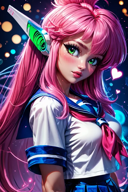 score_9, score_8_up, score_8, medium breasts, (curvy), cute, eyelashes, BREAK, , zzNukuNuku, green eyes, pink hair, long hair, robot ears, school uniform, serafuku, blue skirt, white shirt, <lora:NukuNuku_PDXL:0.8>, , BREAK, (ultra realistic,32k, masterpiece:1.2),(high detailed skin:1.1),( high quality:1.1), curvy, head tilt, hearts, blush, lips, curvy, head tilt, shiny clothes, (upper body), looking at viewer, bokeh, luminescent background, embedding:zPDXL, Expressiveh, <lora:RlAnmPDXL:1.0>,