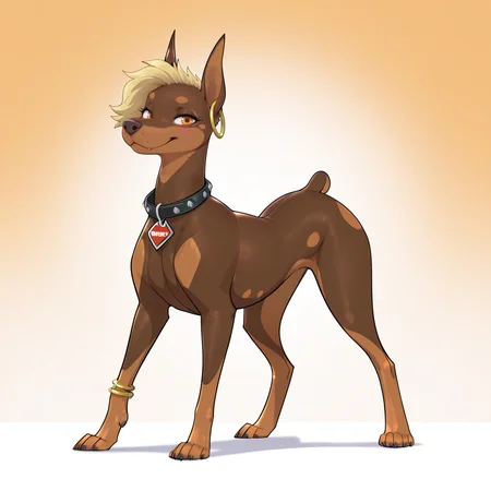 masterpiece,best quality,amazing quality, sfw, general, solo, Pepper(halbean), dobermann, feral, feral female, ear ring, orange eyes, standing, pose, (feral:1.3), (feral female:1.3), eyelashes, blushing, looking at viewer, cute, gorgeous, detailed, beautiful, masterpiece <lora:Pepper_Halbean:0.8>