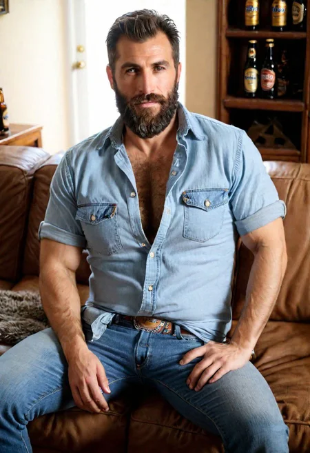 brown eyes, beefy body type, late thirties, strong facial features, beard, man wears jean, man wears a shirt, shirt is open, hairy body, hairy chest, living room, sitting on couch, beer