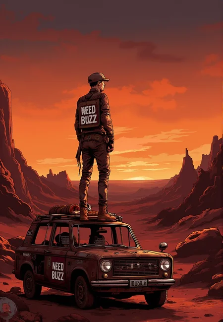 In a bleak, post-apocalyptic wasteland, a lone warrior stands defiantly atop a rusted-out car, surveying the desolate landscape. Framed by a fiery orange sky, their makeshift armor glistens in the fading light, adorned with bottlecaps and old circuit boards spelling out Need Buzz. The worn, cracked earth stretches out before them, punctuated by jagged rock formations and twisted metal debris. In the distance, a shimmering mirage-like oasis beckons, its faint outline seemingly supported by a haze of Buzz tokens floating above it. Flat-Popji