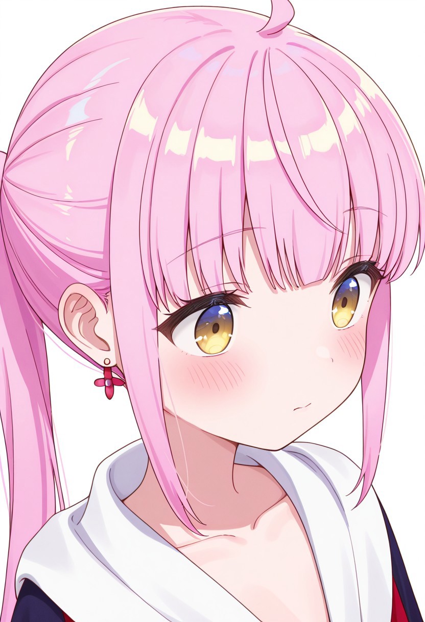 masterpiece, best quality, 32k, high resolution, absurdres, kazairo kotone, 1girl, solo, blush, ponytail, sidelocks, jewelry, earrings, ahoge, upper body, collarbone