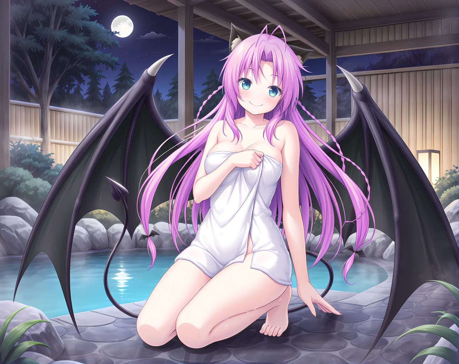 liliem,demon tail,demon wings,medium breasts,solo,moon,full body,barefoot,garden,tree,smile,<lora:Tenbin_no_La_DEA_Character_Pack_1:0.7>,indoors,onsen,naked towel,night,covering privates,, masterpiece,best quality,amazing quality, very aesthetic, absurdres,detailed eyes,ultra-detailed,