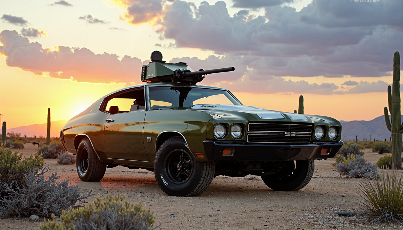 1970chevelless as a post apocalyptic battle tank, army green with white rally stripes, 50mm turret, defending a bunker in a desert, cacti, shrubs, coyote, sunset, clouds at dusk,
extremely detailed, sharp focus, sharp