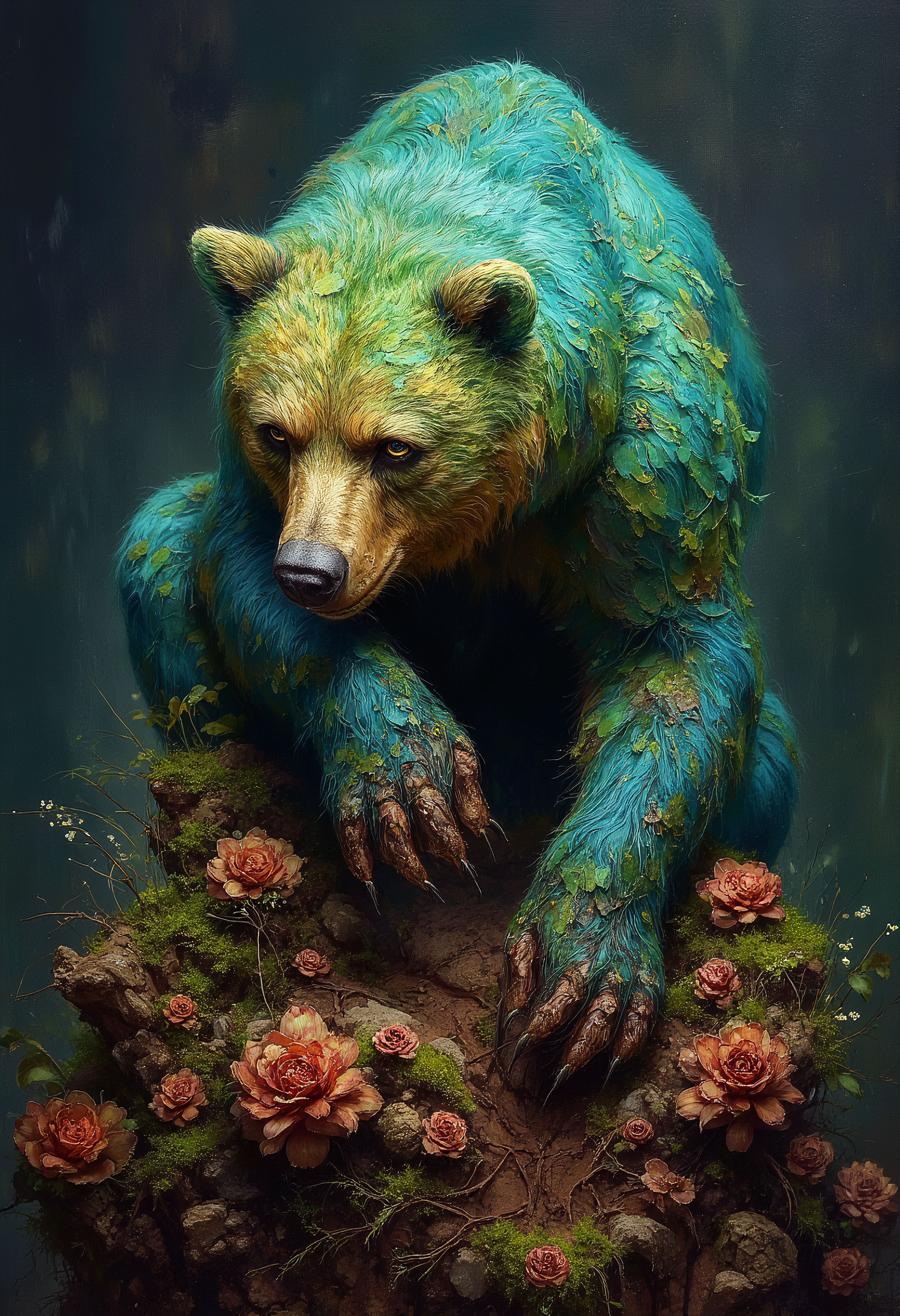 Bear Grounded with mossy fur and roots growing from its paws, vibrant glow