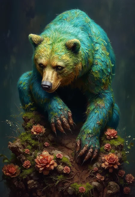 Bear Grounded with mossy fur and roots growing from its paws, vibrant glow