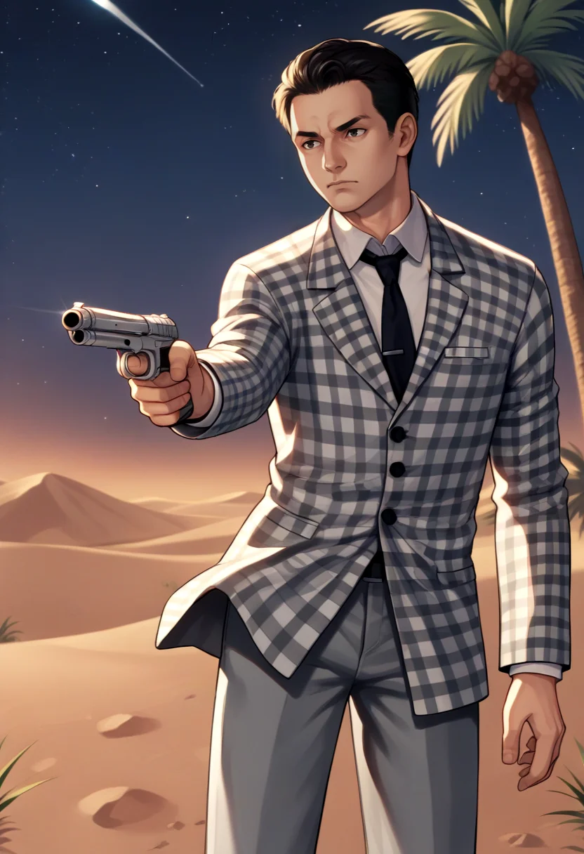 score_9, score_8_up, score_7_up, source_anime BREAK 1boy, solo, male focus, <lora:benny-fnv-richy-v1_pdxl:0.8> benny, black hair, short hair, checkered suit, black necktie, grey pants, outside, desert, dark, darkness, night, night sky, palm tree, aiming at viwer, holding gun, handgun