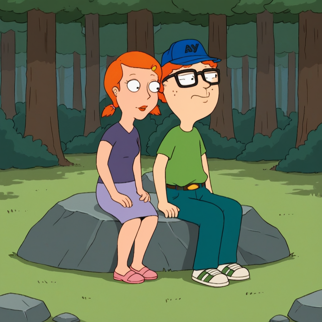 score_9_up, score_8_up, BREAK, Cicillia, 1girl, short hair, orange hair, short twintails, black eyes, hairclip, shirt, blue skirt, pink footwear, <lora:Cicillia_FamilyGuy_PXL_Leaf1:1>, forest, sitting on rock, 1boy, glasses, hat, pants,