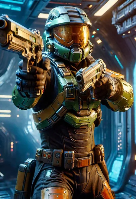 Action shot of a (18yo man) in sci-fi (space suit), wiealding dual scifi pistols, (docking bay) background, HD, masterpiece, best quality, hyper detailed, ultra detailed,