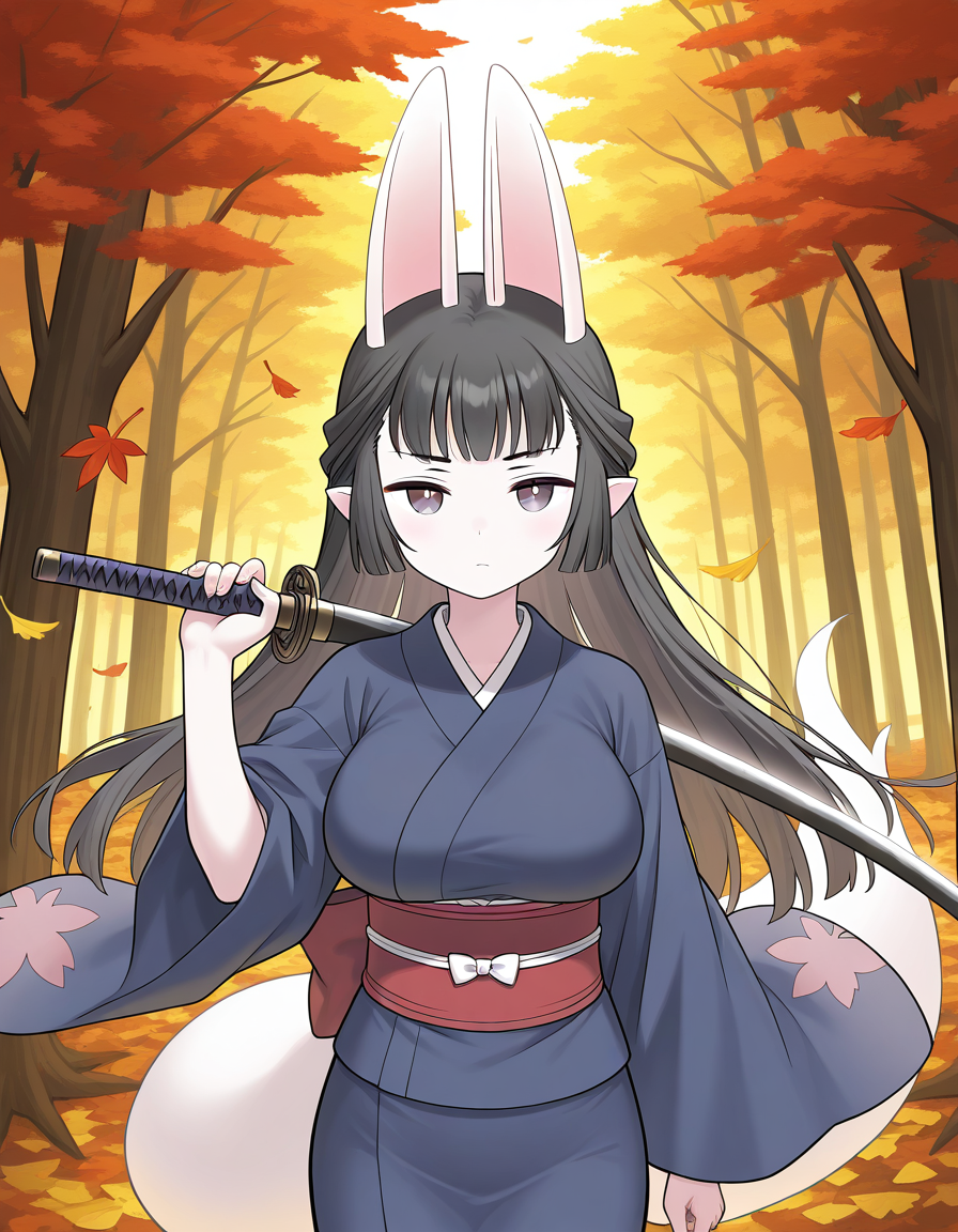 general,highres, ultra-detailed,very aesthetic,best quality ,best hands,  BREAK <lora:Hasaha_IS:1.1> Hasaha, animal ears, black hair, brown eyes, pointy ears,  white tail, large breasts,
 long hair, serious face, holding, looking at viewer, cowboy_Shot, Japanese sword, blue kimono, red sash,
forest, 
autumn,
fallen leaves,
