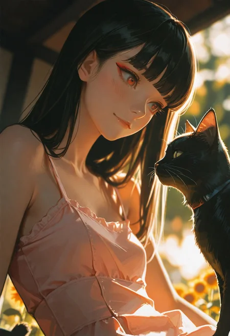masterpiece, ultra-HD, cinematic lighting, photorealistic, impressionism (1.5), high detail, depth of field, (blurred background), (dramatic lighting),masterpiece, best quality, very aesthetic,8k,masterpiece, best quality,realistic, masterpiece, best quality, 8k, 
, simple_background, , 
, half close-up, sexy pose, long black hair, straight hair,blunt bangs, red eye makeup,
blushing, asian girl, small head, pretty girl, korean girl, extacy on face,
((slim body)), (small breasts), Dynamic angle, Dynamic pose, sfw, portrait,
girl, pastel pink sundress, in a field of sunflowers. holding black cat. smiling. happy. sunset