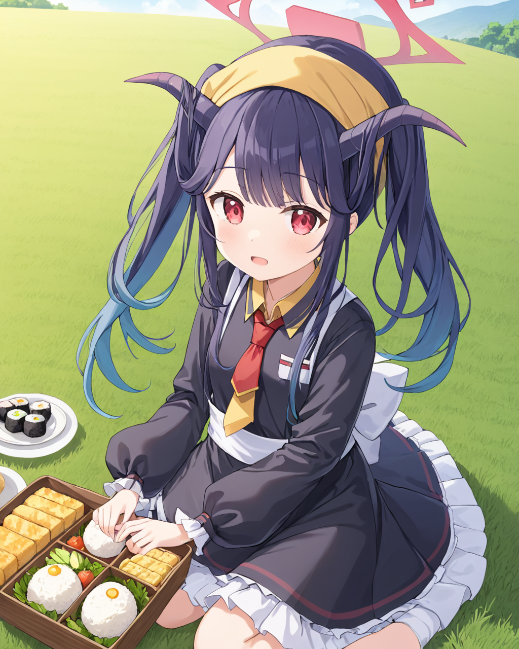 fuuka \(blue archive\),1girl, solo, halo, bento, frilled_apron, white_apron, twintails, head_scarf, looking_at_viewer, tamagoyaki, :d, black_dress, onigiri, frilled_sleeves, holding, grass, black_shirt, necktie, seiza, open_mouth, collared_dress, frilled_skirt, blanket, demon_horns, frilled_dress, collared_shirt, food_art, picnic, puffy_long_sleeves
<lora:fuuka_(blue_archive)_image510_2023-11-23-000012:1>. gorgeous,key visual, vibrant, studio anime,award-winning, professional, highly detailed,high budget, cinemascope