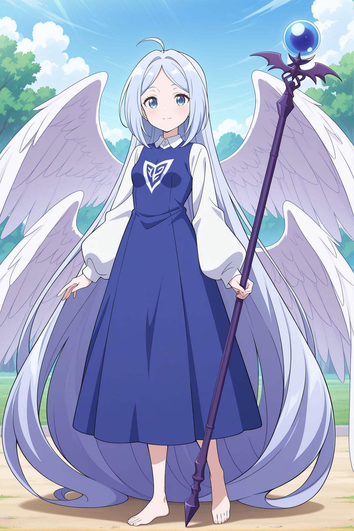 absurdres, highres, masterpiece, best quality, amazing quality, official anime artwork, screencap, anime screencap, outdoors, looking at viewer, light smile, dynamic pose, standing,
 <lora:Sariel_Illustrious:1> sariel, 1girl, solo, blue eyes, blue hair, absurdly long hair, parted bangs, ahoge, small breasts, angel wings, multiple wings,, blue dress, long dress, collared shirt, white sleeves, puffy long sleeves, wide sleeves, barefoot, holding staff, scepter,