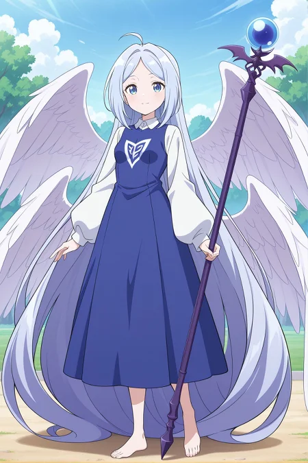 absurdres, highres, masterpiece, best quality, amazing quality, official anime artwork, screencap, anime screencap, outdoors, looking at viewer, light smile, dynamic pose, standing,
 <lora:Sariel_Illustrious:1> sariel, 1girl, solo, blue eyes, blue hair, absurdly long hair, parted bangs, ahoge, small breasts, angel wings, multiple wings,, blue dress, long dress, collared shirt, white sleeves, puffy long sleeves, wide sleeves, barefoot, holding staff, scepter,