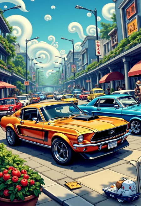 <lora:KFT_Curse_of_Dragons_Crown_Style_FLUX:1>
The image is a vibrant, digitally created kftfantasy illustration featuring a car in a parkade