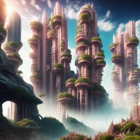 (coralcity style:1) plants growing, buildings, futuristic city <lora:djzCoralCityV21:0.8>