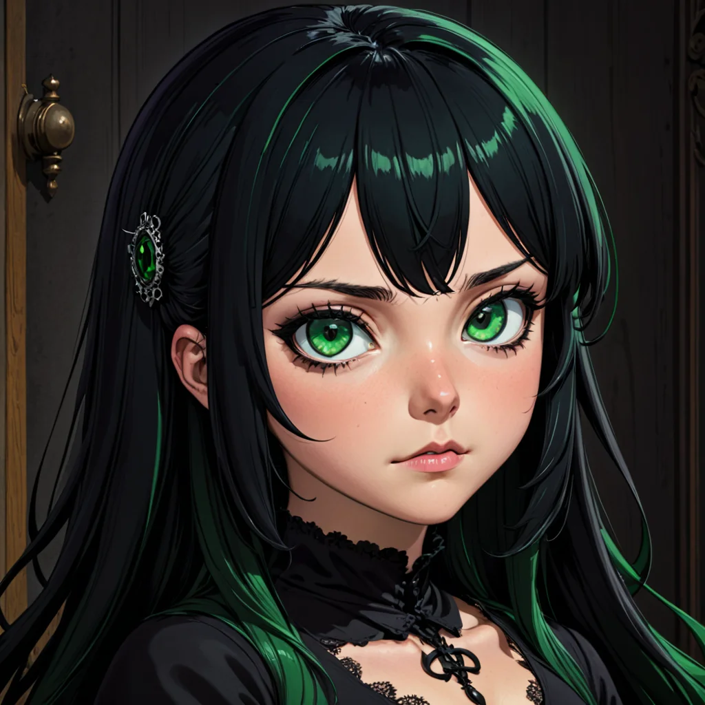 sdgen 1girl, green eyes, black hair, hime cut, goth, masterpiece, detailed, clear, (sdgen_ti:0.9)