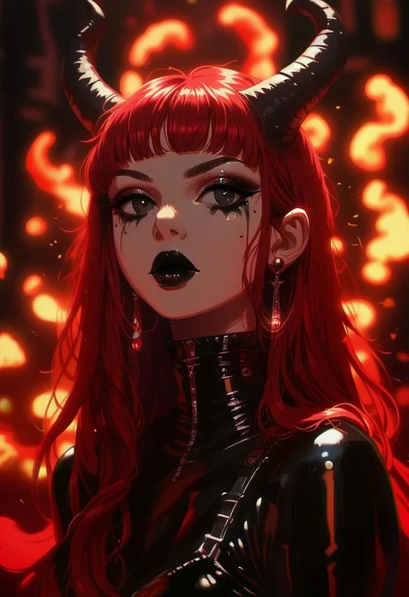 score_9, score_8_up, score_7_up, score_6_up, NEOST, 1girl, long red hair, horns, dark eyes, black lipstick, glossy makeup, teardrop makeup, black latex outfit, choker, large earrings, fiery background, blurry background, warm lighting, indoor, detailed,