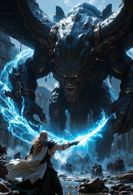 Fantasy Realism, mesmerizing HDR highly detailed digital art, full-body portrait of an epic battle between two sides looking at each other, on the left side a beautiful focused blonde 20-year old female mage throwing blue ice magic wearing white satin robe and boots, on the right side 1 big scary winged demon lord flying, the mage's blue ice magic is pushing the demon lord back, outside ancient ruins background, clouds, Cinematic style, Beauty, Realism, Photorealism, Chiaroscuro, High quality, digital illustration, bosstyle, mythp0rt, high action pose, perfect pupils, insanely detailed faces, correct digits, realistic skin, intricately detailed, film grain, HD, 8k, volumetric lighting, clear volumetric lighting, perfect eyes, perfect pupils, expressive eyes