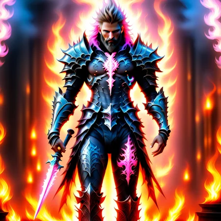 male focus, breastplate, beard, pink hair, blonde hair, blue eyes, blurry background, standing, thighhighs, upper body, sword, earrings, blue fire, pink eyes, colored sclera, scar, artist name, magic circle, full armor, orange eyes, halo, brown hair