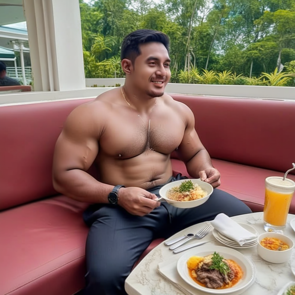 a malay beefy bodybuilder eating dinner at a posh restaurant with a sly smile and holding his bulge in his groin,