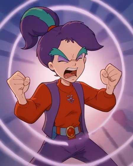score_9,score_8_up,score_7_up,masterpiece,best quality,amazing quality, absurdres, source_anime, <lora:super_scream_pdxl_v3_:1> super_scream, shockwaves, concentric rings, <lora:Shreeky_The_CareBears:1> shreekycb, purple hair, ponytail, red hair tie, green stripe in ponytail, red sweater, (purple tights), purple vest, red legwarmers, green eye brows, eyes closed, long sleeves, purple eyeshadow, standing, facing viewer,  (clenched fists, closed fists),