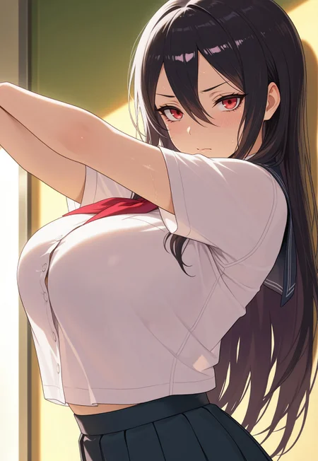 safe_pos, (masterpiece, best quality, amazing quality), flat_color, 1girl, solo, looking at viewer, attractive pose, blush, Levia, large breasts, red eyes, black hair, long hair, hair between eyes, school uniform,