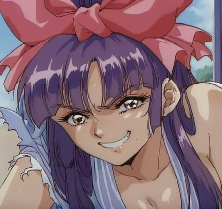 score_9, score_8_up,   source_anime pretty 1female.  .   <lora:LaBlue swaggerv2:1>  La B 1990s (style).  (Miko_Mido:1.1)  blue school uniform, purple hair, pink bow. .   ripped clothes. smirking