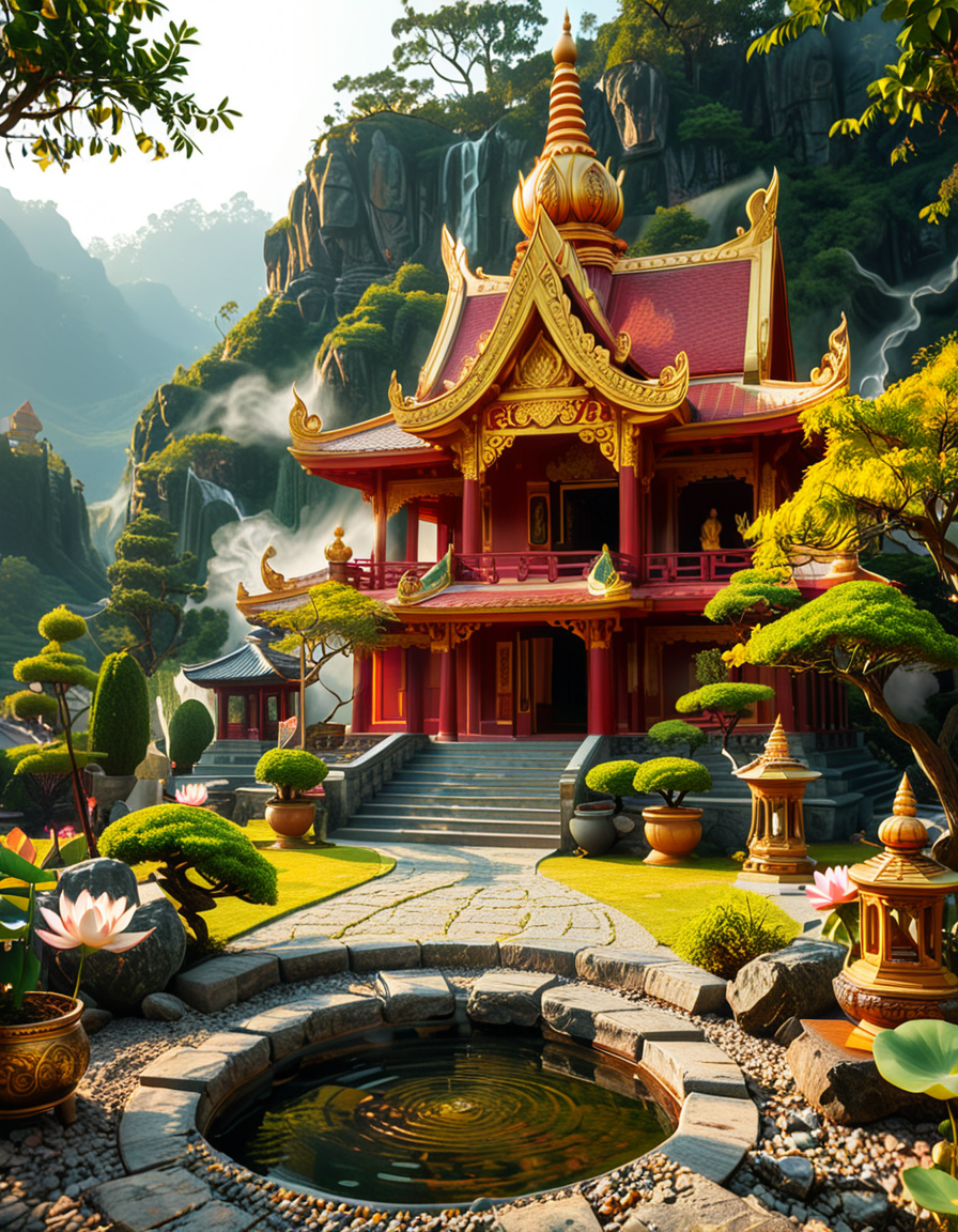 A majestic Buddhist temple nestled in a lush, misty mountain landscape. The temple features traditional curved rooftops with golden ornaments, intricate wooden carvings, and red and gold-painted walls. Large prayer flags in vibrant colors flutter in the wind, adding a spiritual atmosphere. A long stone staircase, partially covered in moss, leads to the main entrance, where a pair of large guardian statues stand watch. The scene is bathed in soft morning light, with gentle rays filtering through the mist, creating a serene and mystical ambiance. The background consists of towering green mountains and a sky with soft pastel hues. In the foreground, a Buddhist monk in deep orange robes walks peacefully along a stone pathway, holding a string of prayer beads. The overall composition conveys a sense of tranquility, spirituality, and harmony with nature.
<lora:SDXLFaeTastic2400:0.4> <lora:extremely_detailed:0.4> extremely detailed,<lora:Buddhist_t3mpl3:1>,Buddhist t3mpl3, Masterpiece,best quality,hi res,8k,hi res,8k,award winning,(sharp focus, intricate, highly detailed),