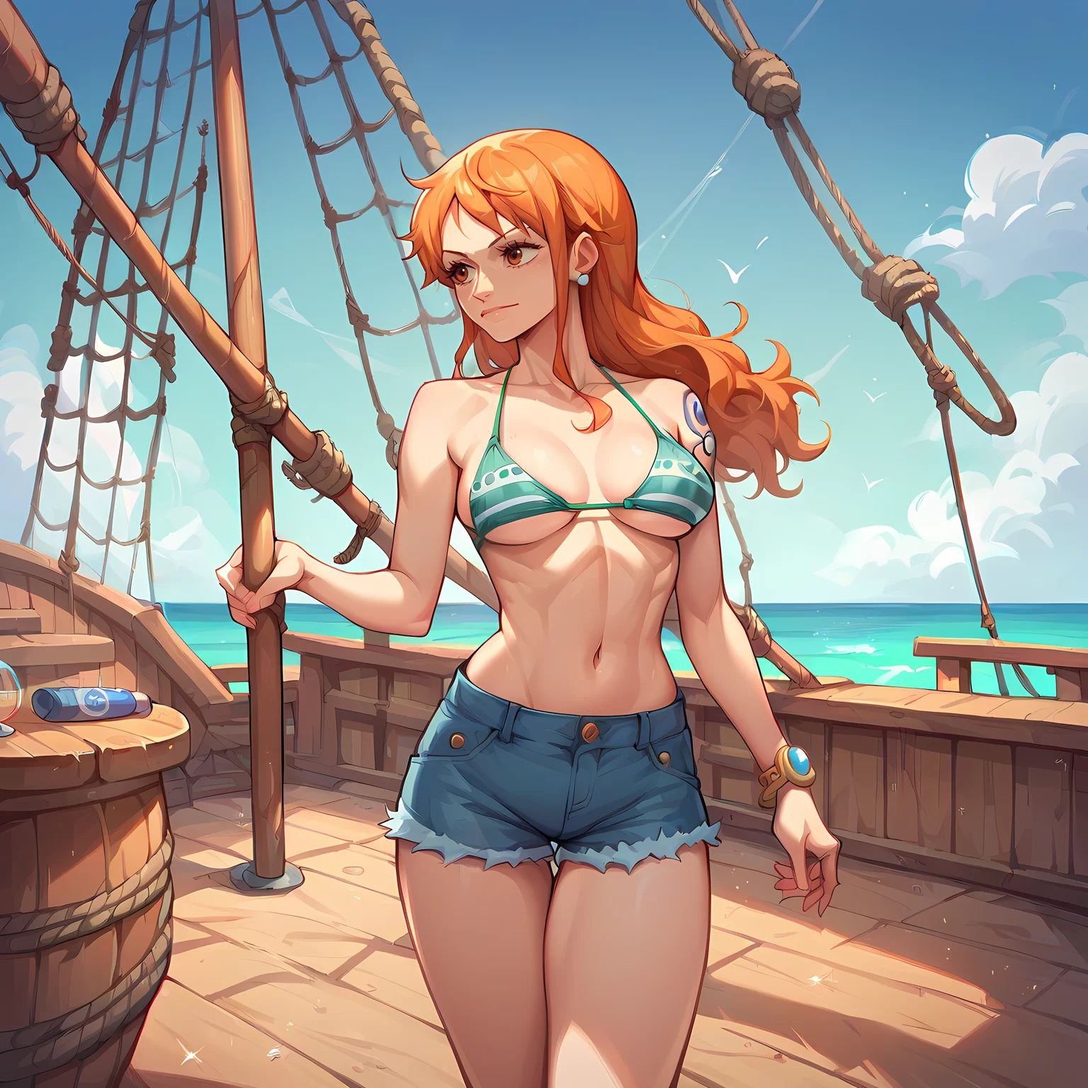 score_9, score_8_up, score_7_up, score_6_up, source_anime, rating_questionable, 1girl, solo, cowboy shot,nami one piece, bikini top, shorts, sh1pd3ck, ship deck, outdoors, blue sky, ocean